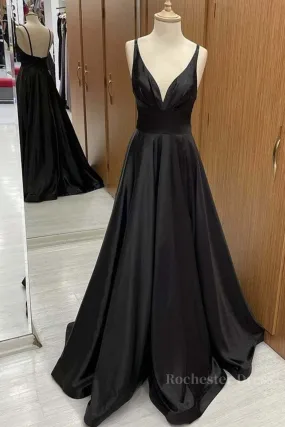 A Line V Neck Backless Black Long Prom Dresses, V Neck Black Formal Dresses, Backless Black Evening Dresses