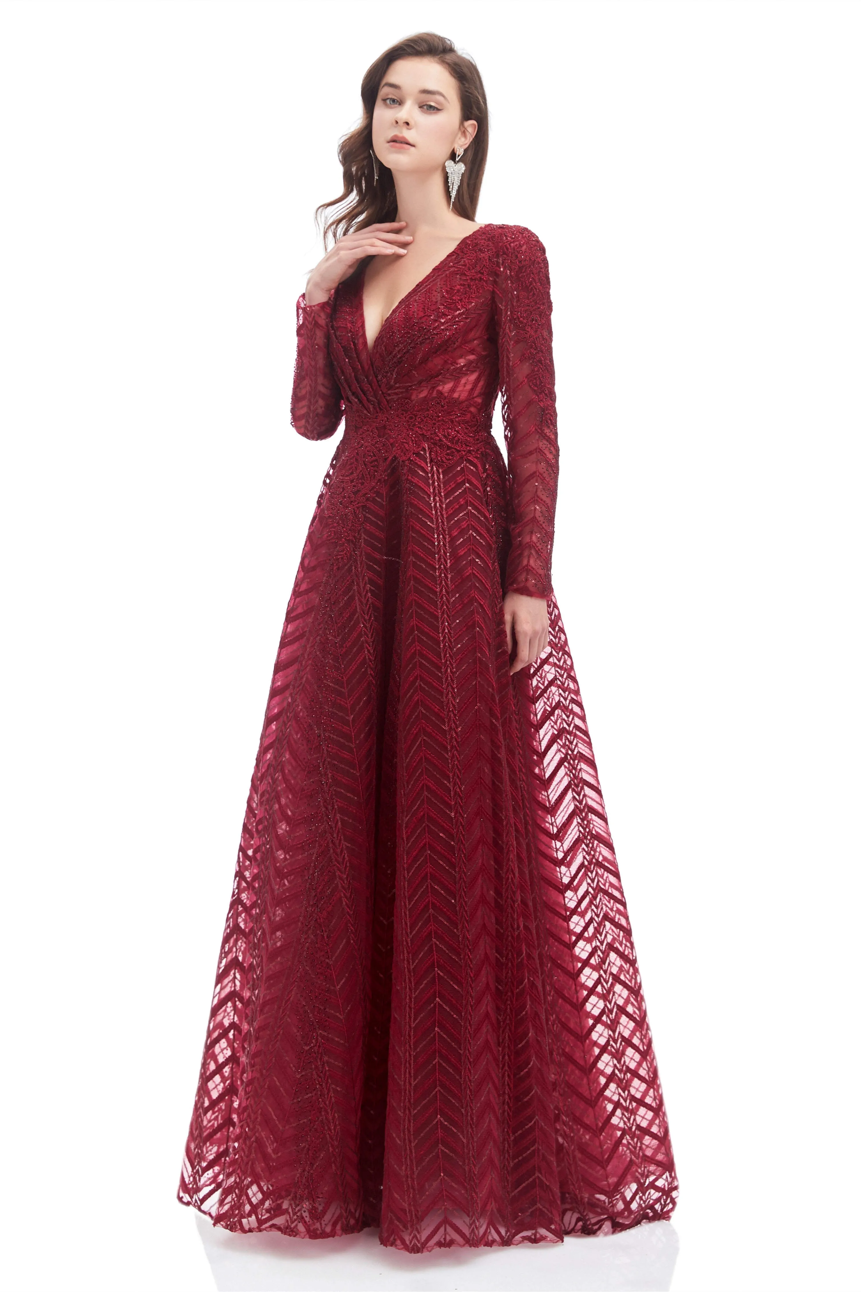 A-Line V Neck Long Sleeves Lace Long Prom Dresses