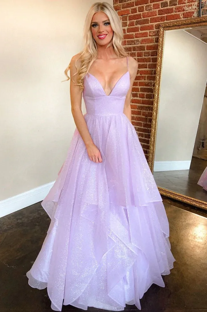 A Line V Neck Purple Tulle Long Prom Dresses, A Line V Neck Purple Tulle Long Formal Evening Dresses