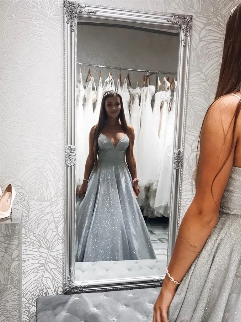 A Line V Neck Silver Gray Long Prom Dresses, Silver Gray Long Formal Evening Dresses