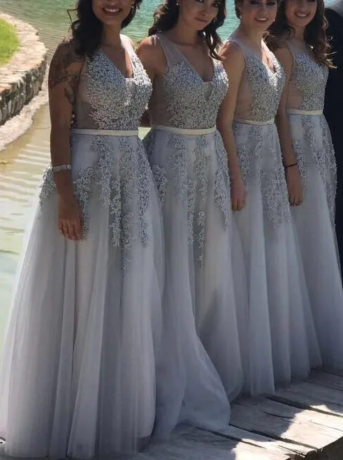 A-Line/Princess V-neck Appliques Gray Long Bridesmaid Dresses PB180