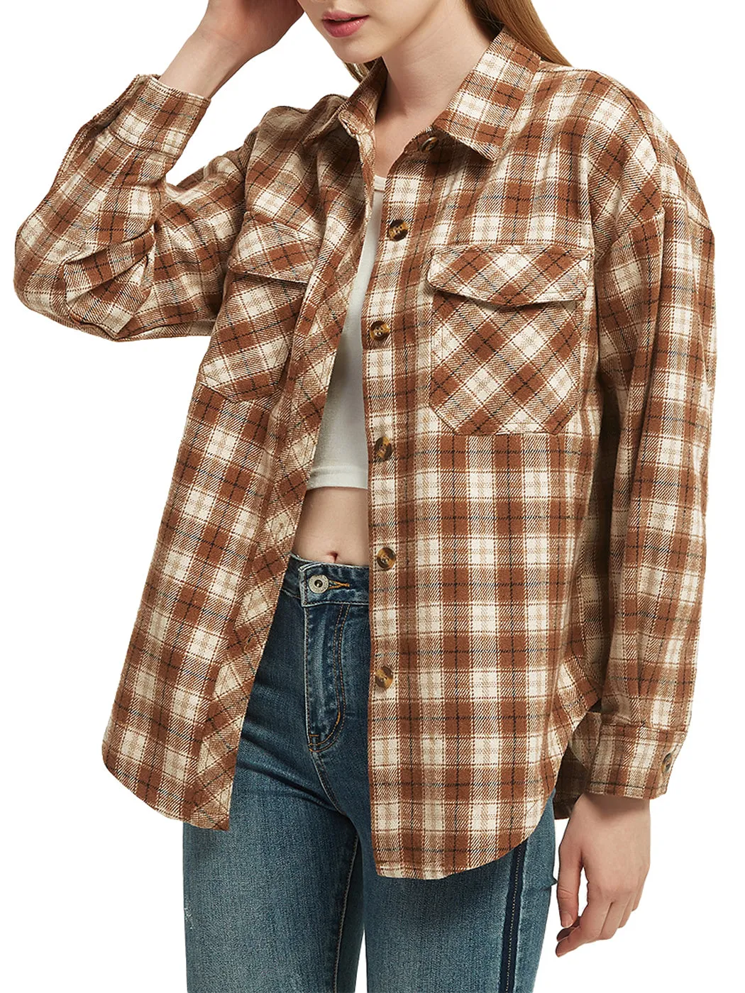 Anna-Kaci Women's Plaid Shacket Jacket Long Sleeve Button Down Fall Shirts Coat