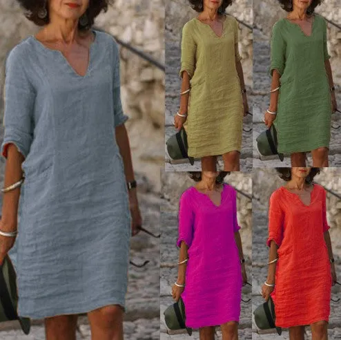 Autumn Cotton Linen Small V-neck Stitching Retro Basic Model Solid Color Three-quarter Sleeve Dress