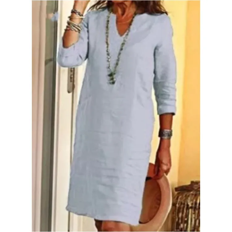 Autumn Cotton Linen Small V-neck Stitching Retro Basic Model Solid Color Three-quarter Sleeve Dress