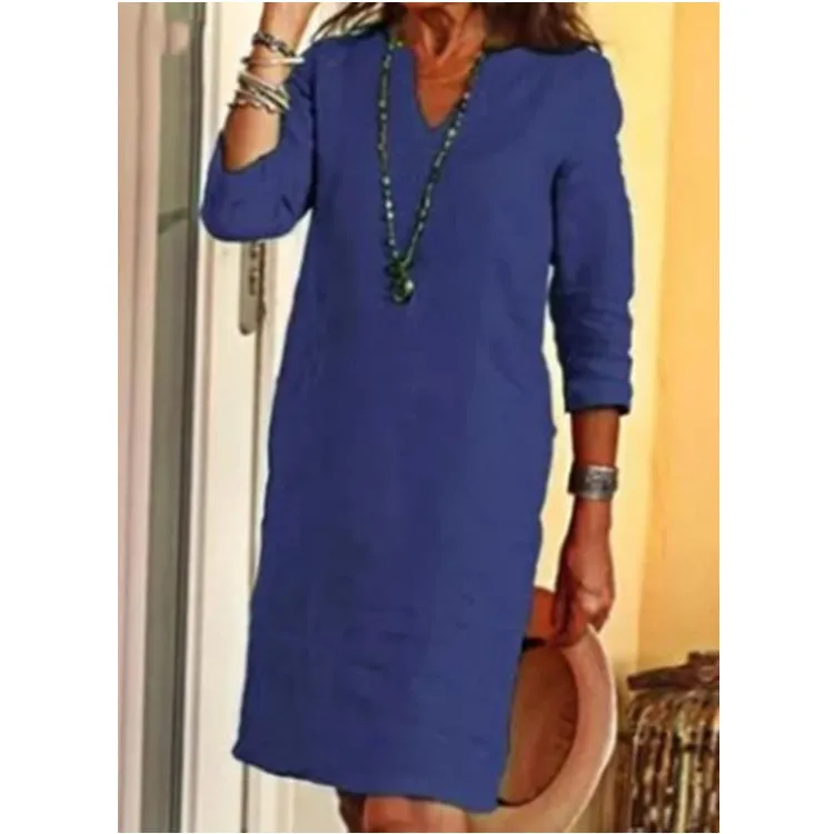 Autumn Cotton Linen Small V-neck Stitching Retro Basic Model Solid Color Three-quarter Sleeve Dress