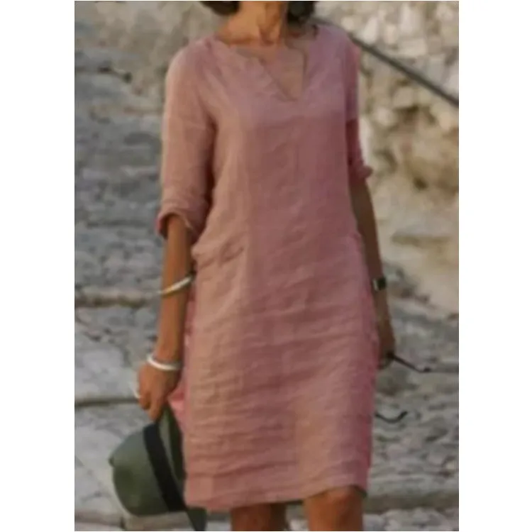 Autumn Cotton Linen Small V-neck Stitching Retro Basic Model Solid Color Three-quarter Sleeve Dress