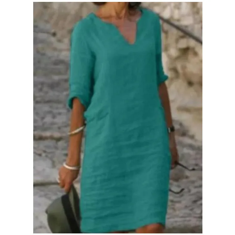 Autumn Cotton Linen Small V-neck Stitching Retro Basic Model Solid Color Three-quarter Sleeve Dress