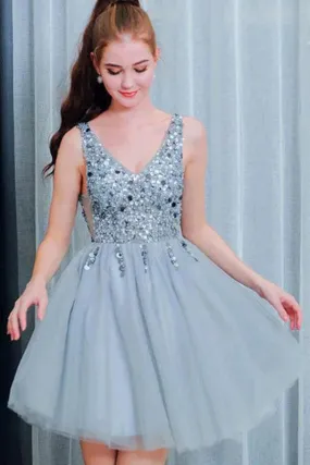 Bling A Line V Neck Light Blue Short Homecoming Dress With Beading OKO42