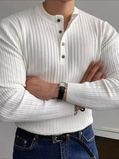 Button Detail Ribbed Long Sleeve Men's Knit Top