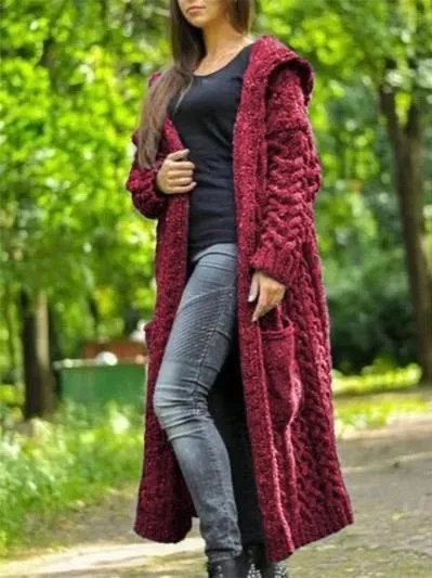 Casual Knitted Long Outerwear With Hood