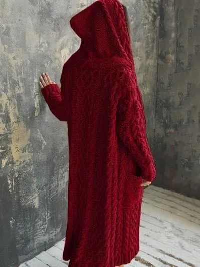 Casual Knitted Long Outerwear With Hood