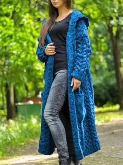 Casual Knitted Long Outerwear With Hood