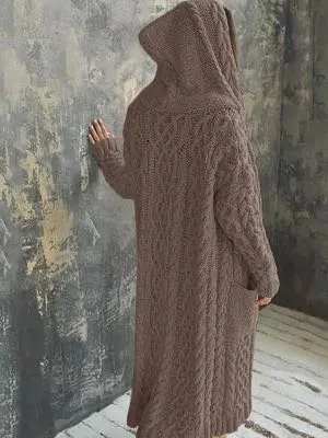 Casual Knitted Long Outerwear With Hood