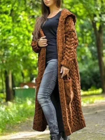 Casual Knitted Long Outerwear With Hood