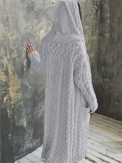 Casual Knitted Long Outerwear With Hood