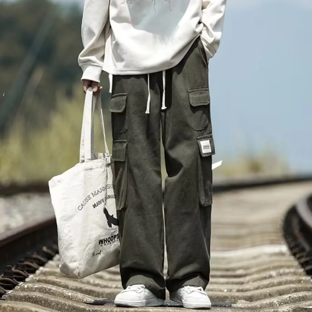 Casual Large Pocket Drawstring Straight-Leg Cargo Pants