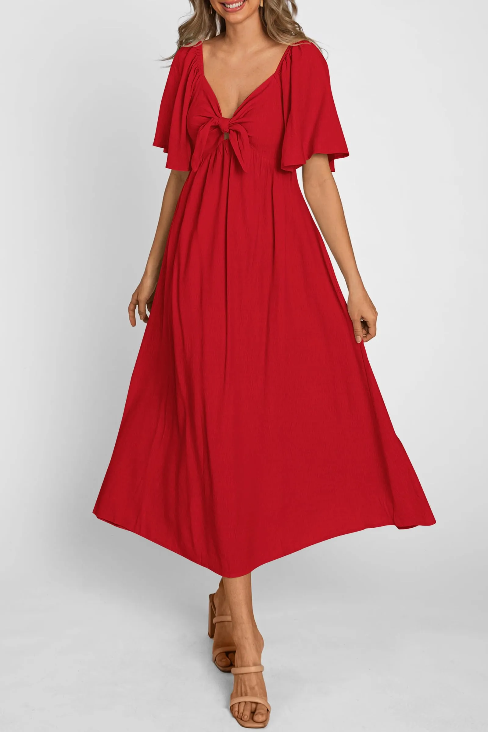 Casual Short Sleeve Bow Tie V Neck Ruffle Midi Flowy Dresses