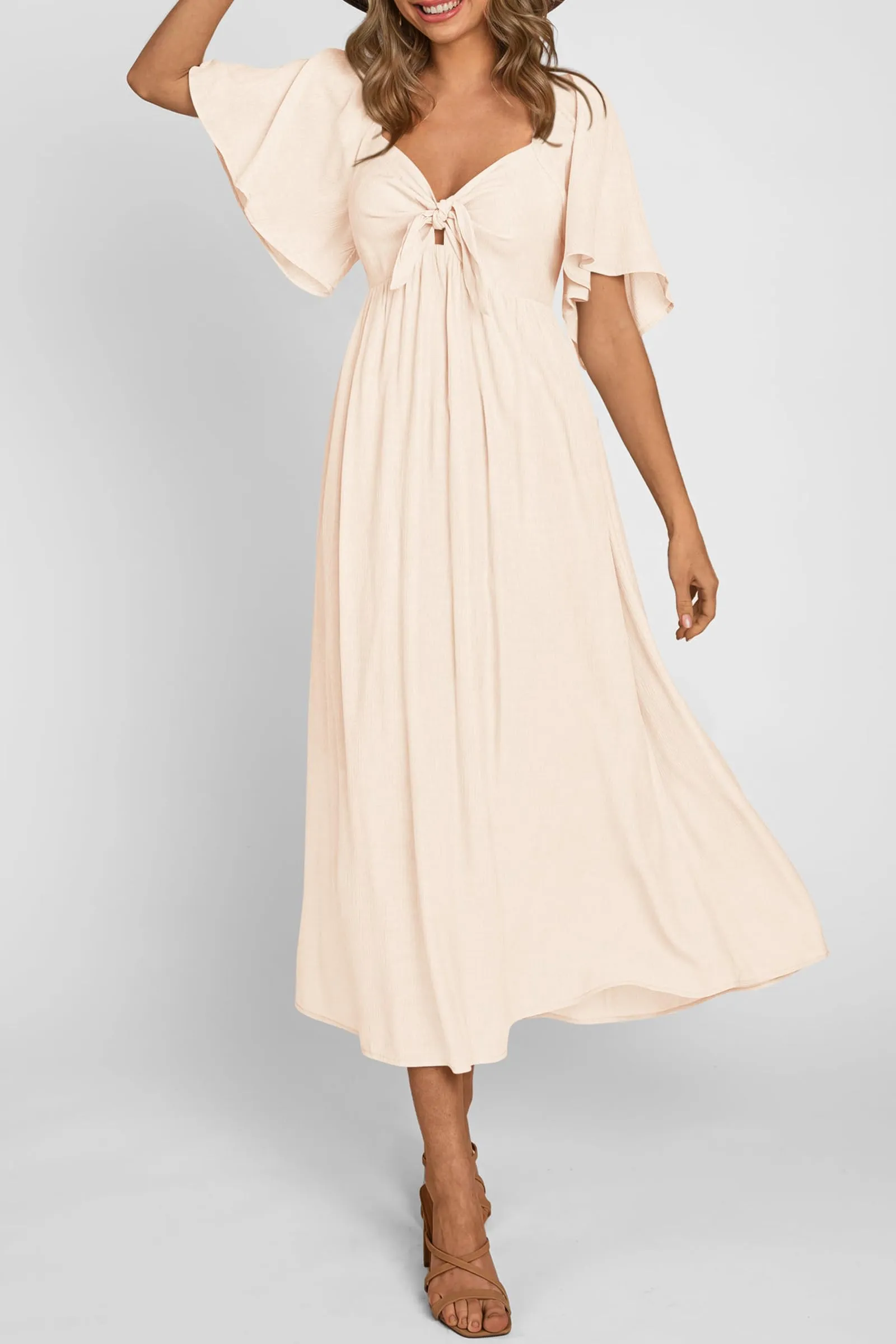 Casual Short Sleeve Bow Tie V Neck Ruffle Midi Flowy Dresses