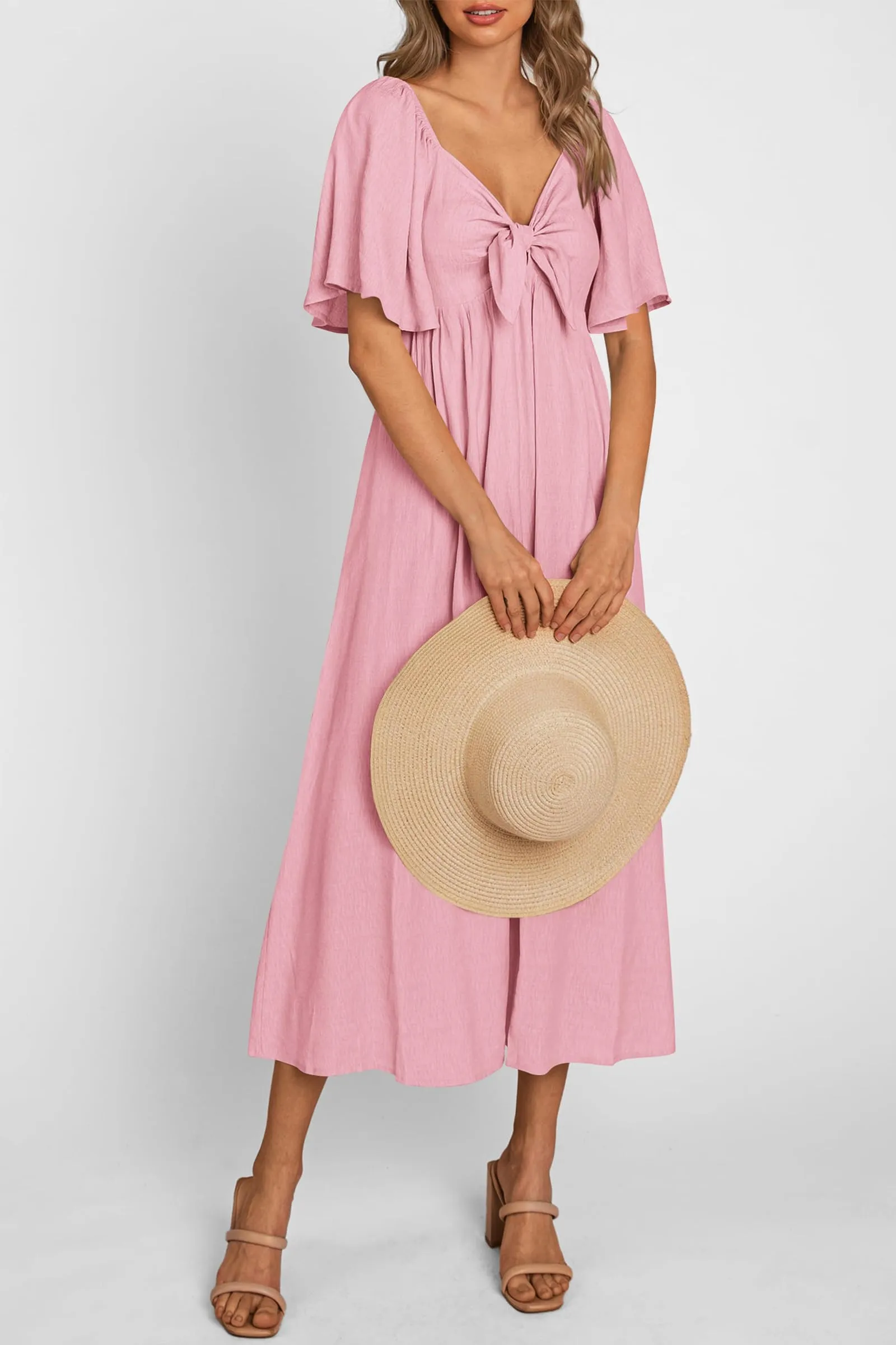 Casual Short Sleeve Bow Tie V Neck Ruffle Midi Flowy Dresses