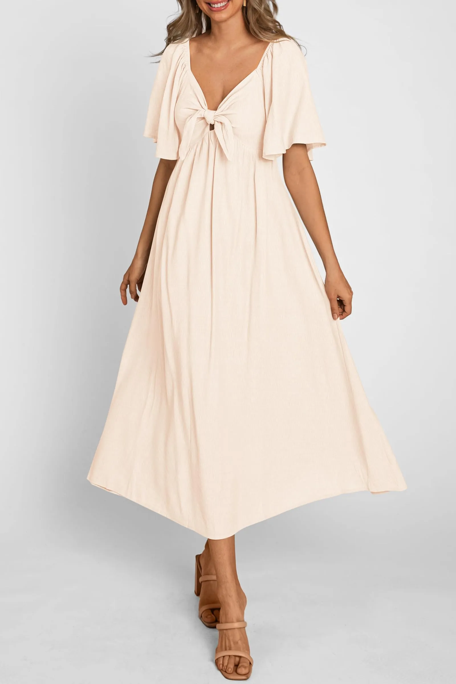 Casual Short Sleeve Bow Tie V Neck Ruffle Midi Flowy Dresses