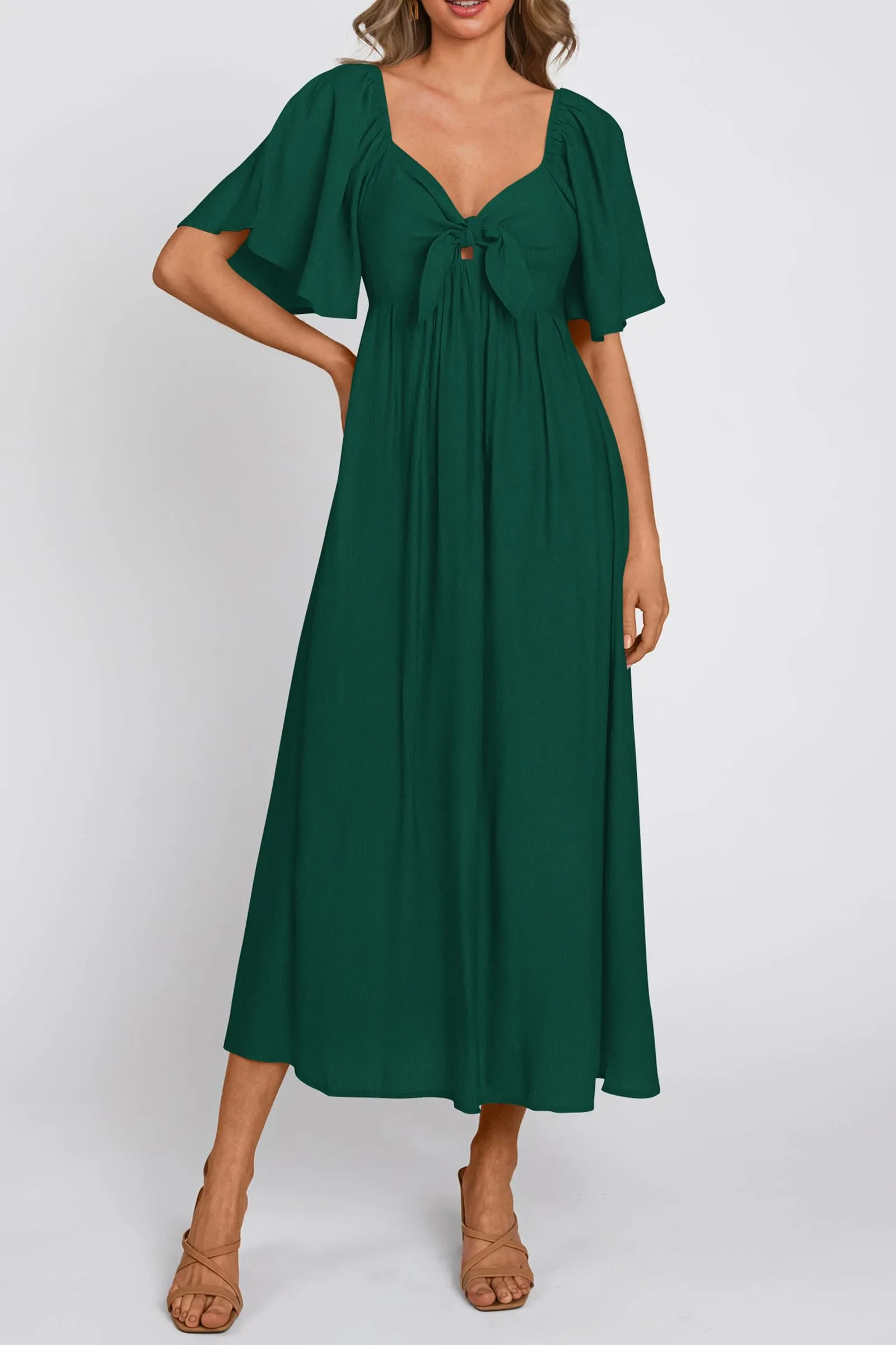 Casual Short Sleeve Bow Tie V Neck Ruffle Midi Flowy Dresses