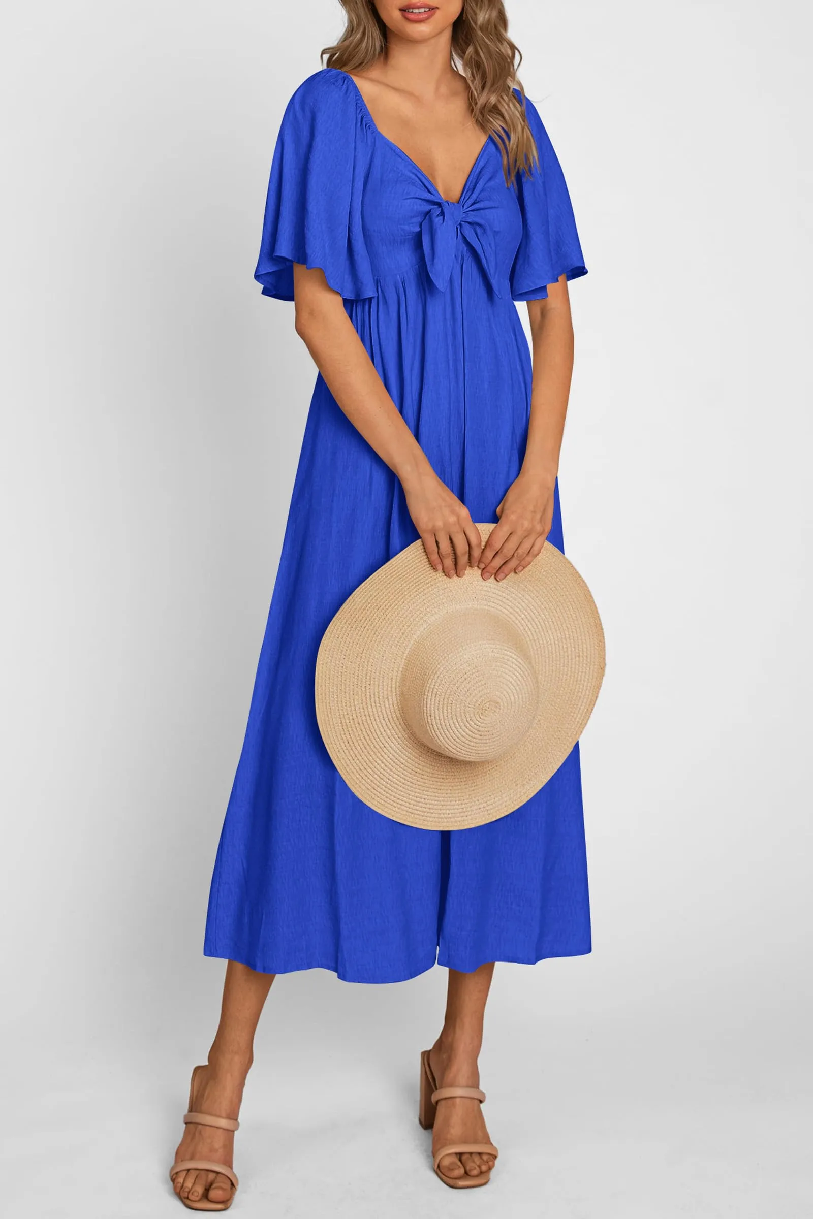 Casual Short Sleeve Bow Tie V Neck Ruffle Midi Flowy Dresses