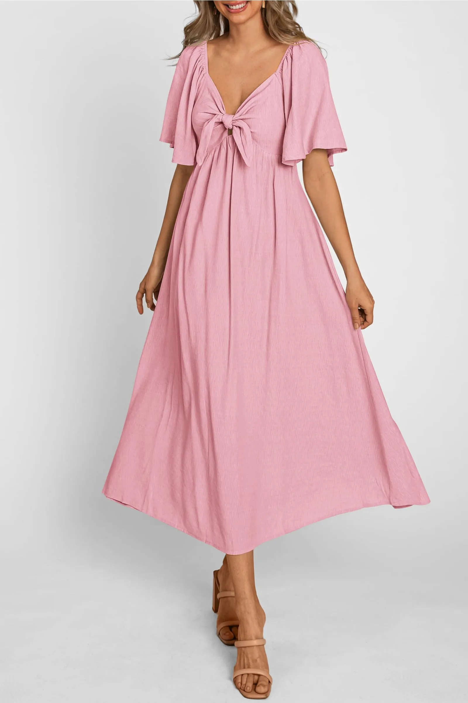 Casual Short Sleeve Bow Tie V Neck Ruffle Midi Flowy Dresses