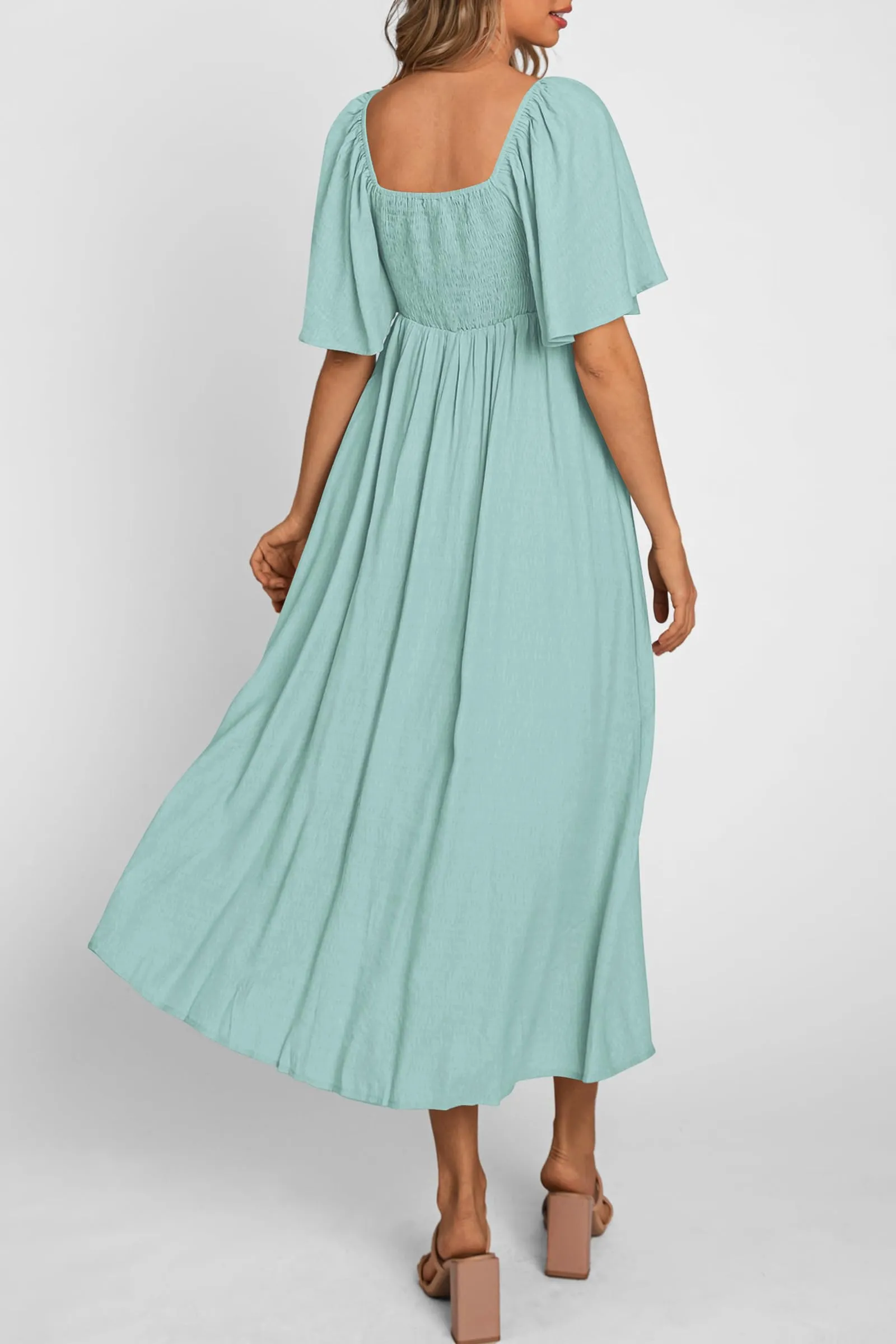 Casual Short Sleeve Bow Tie V Neck Ruffle Midi Flowy Dresses