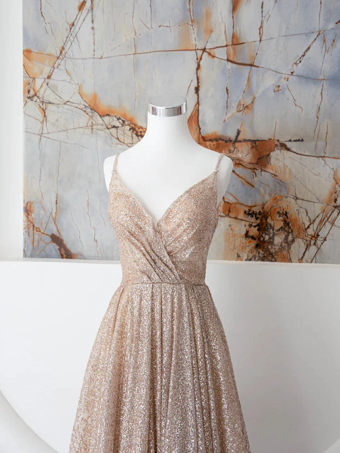 Champagne Spaghetti Strap Sequins Long Prom Dress, V Neck Champagne Shiny Formal Evening Dress