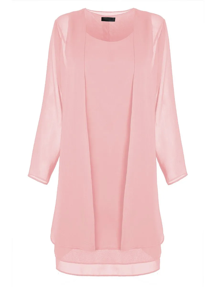 Chiffon Round Collar Dress with Outerwear