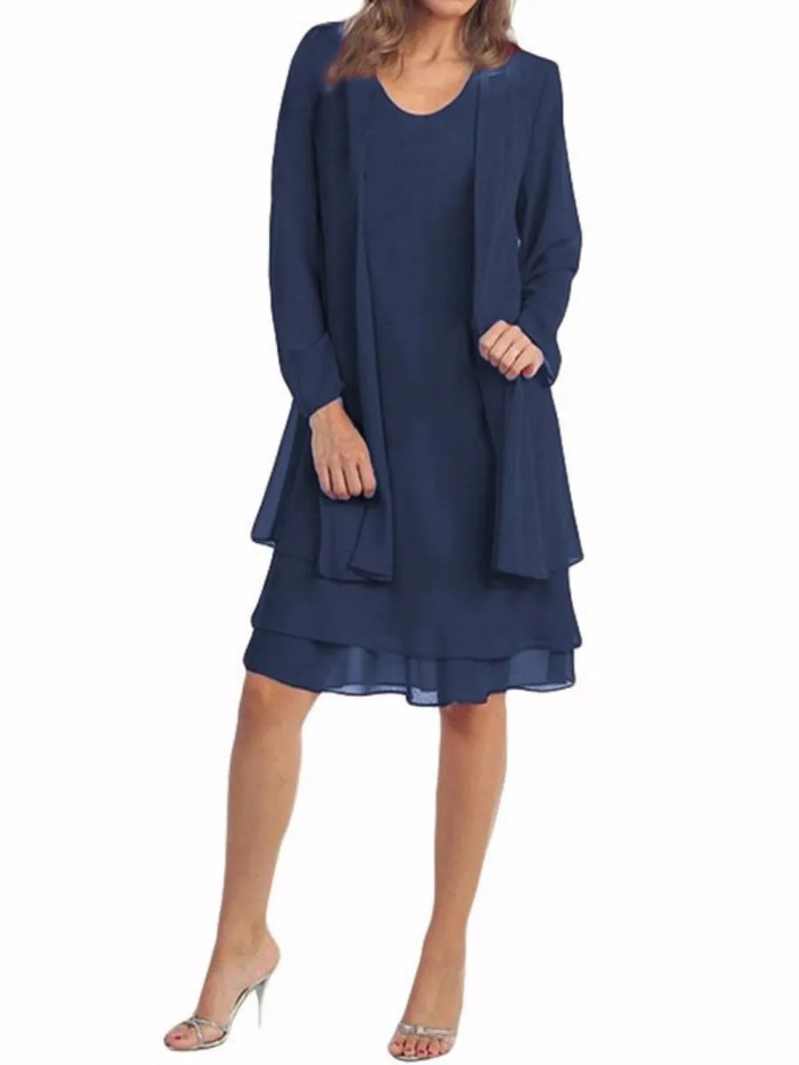 Chiffon Round Collar Dress with Outerwear