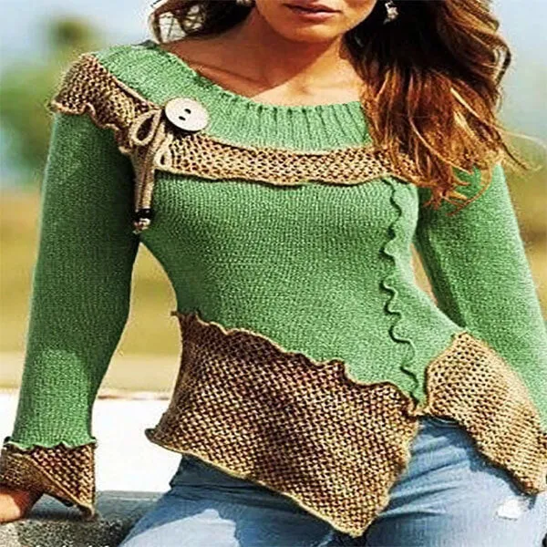 Colorblock Patchwork Long Sleeved Knit Sweater