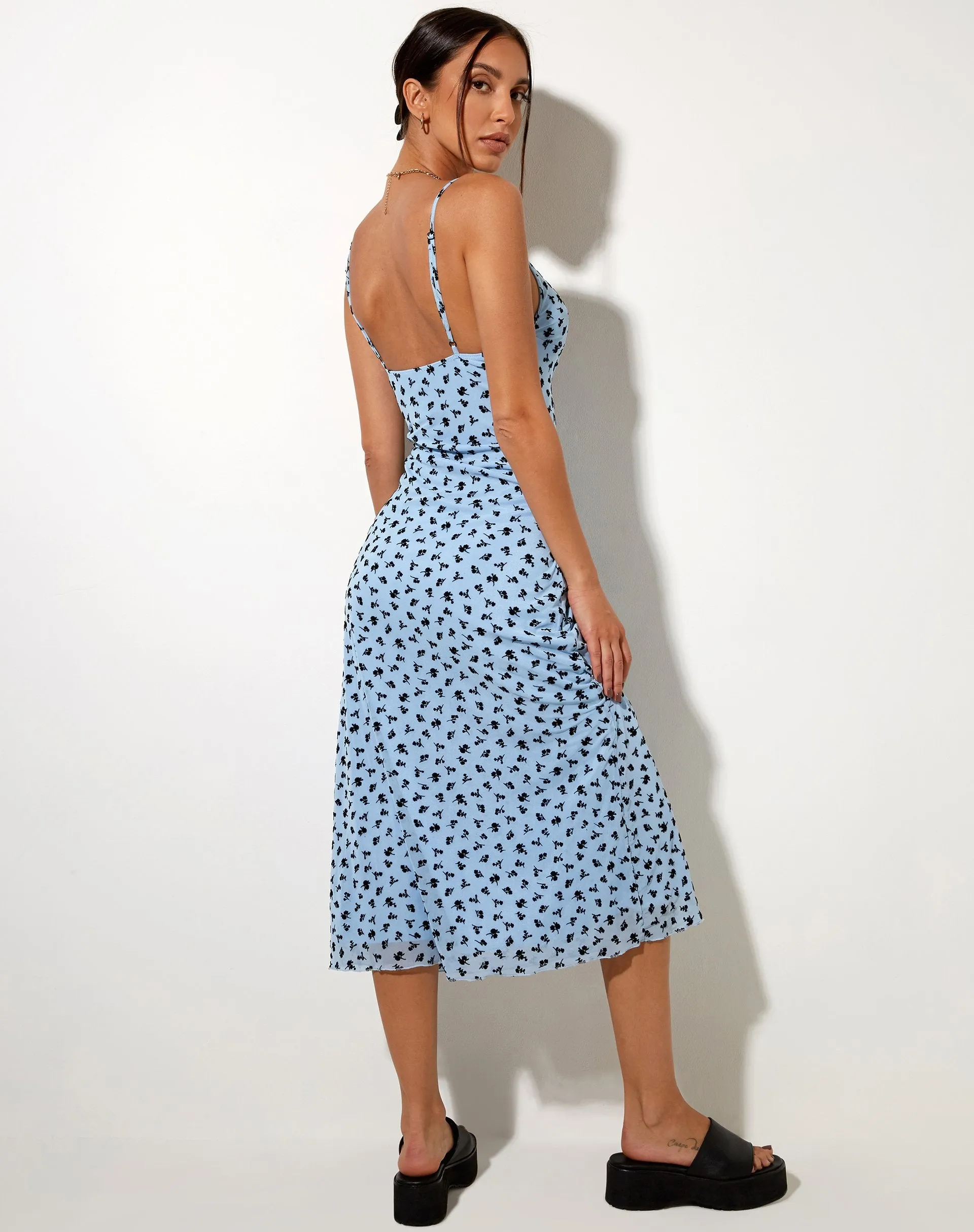 Cotina Midi Dress in Blue Flower Buds Black Flock