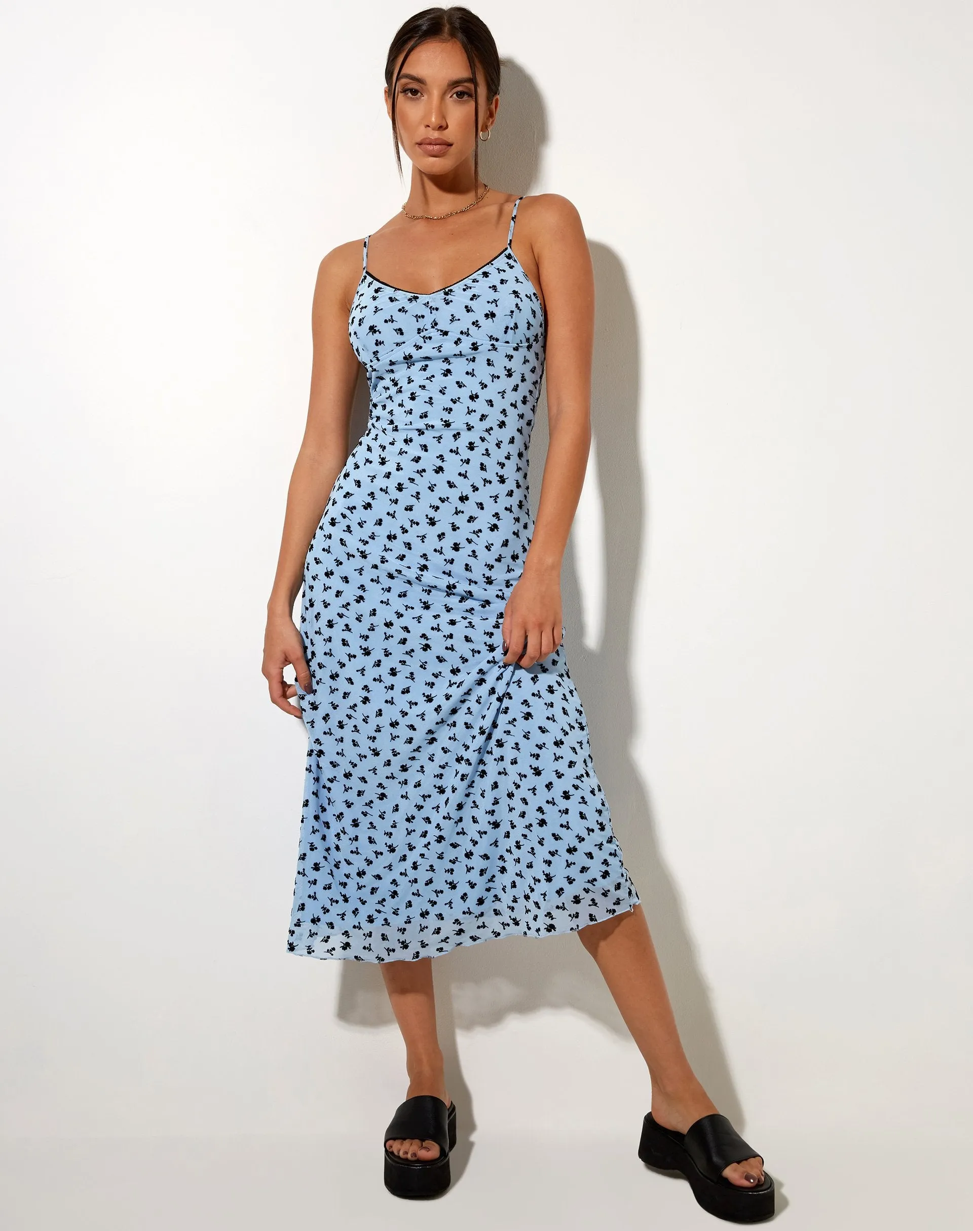 Cotina Midi Dress in Blue Flower Buds Black Flock