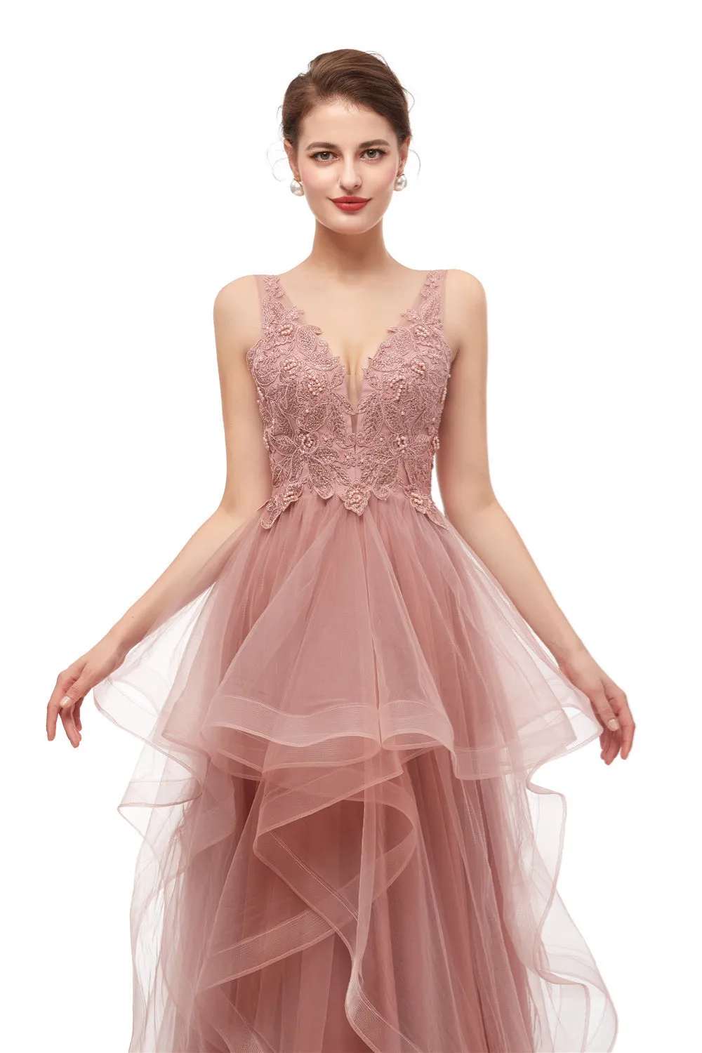 Double V-Neck Beaded Applique Layered Tulle Prom Dresses