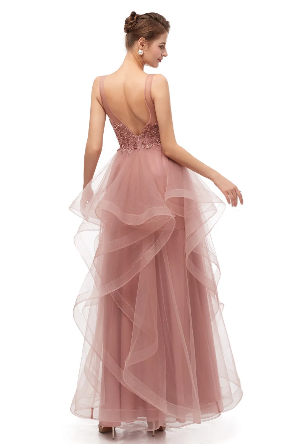 Double V-Neck Beaded Applique Layered Tulle Prom Dresses