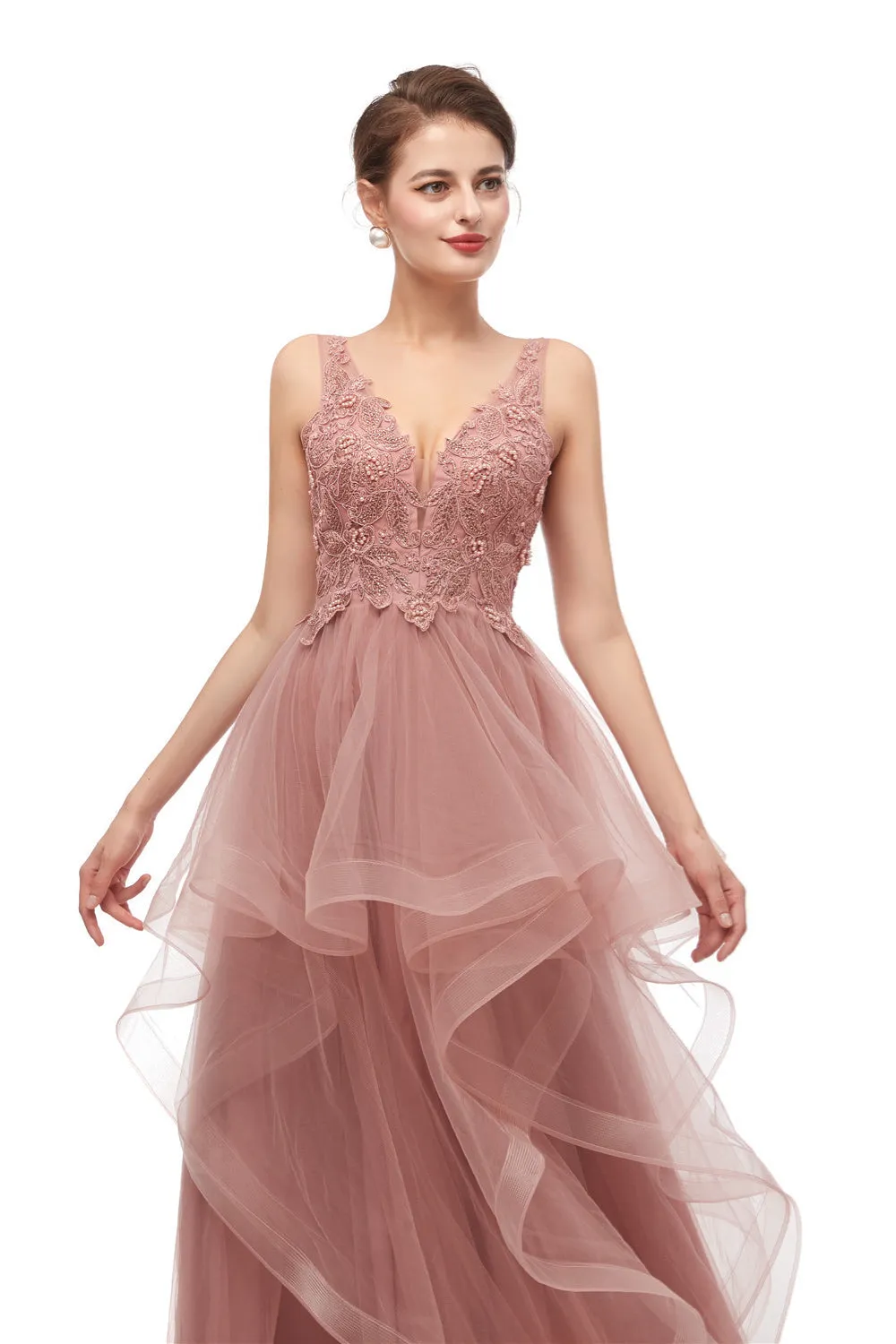 Double V-Neck Beaded Applique Layered Tulle Prom Dresses