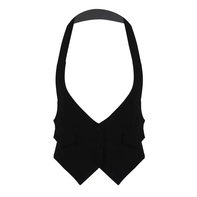 Evianna - Dark Academia Casual Solid Halter Neck Vest