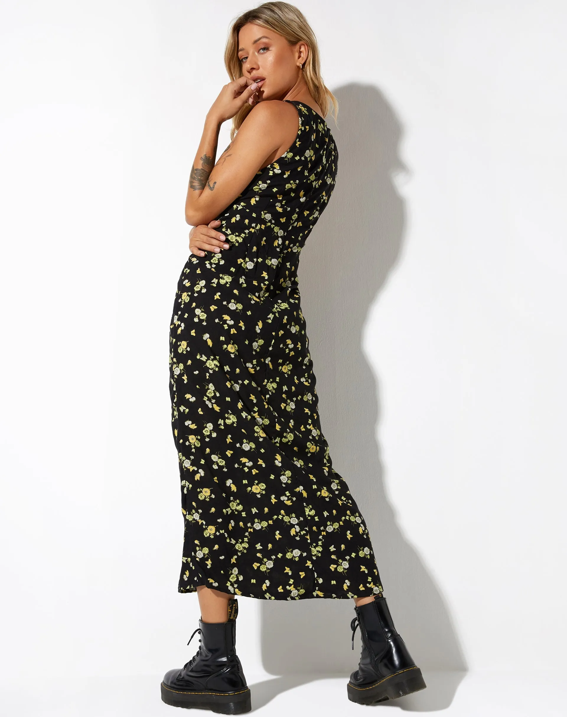 Fiaso Midi Dress in Lemon and Lime Black