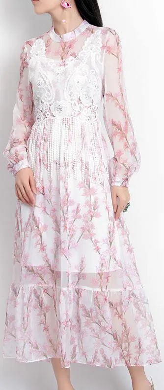 Floral-Print Midi Dress with Lace & Tassel Detail