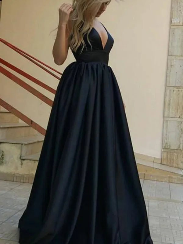 Formal Black Satin V-neck Sleeveless A-line Lace Up Back Charming  Prom Dresses,PD00079