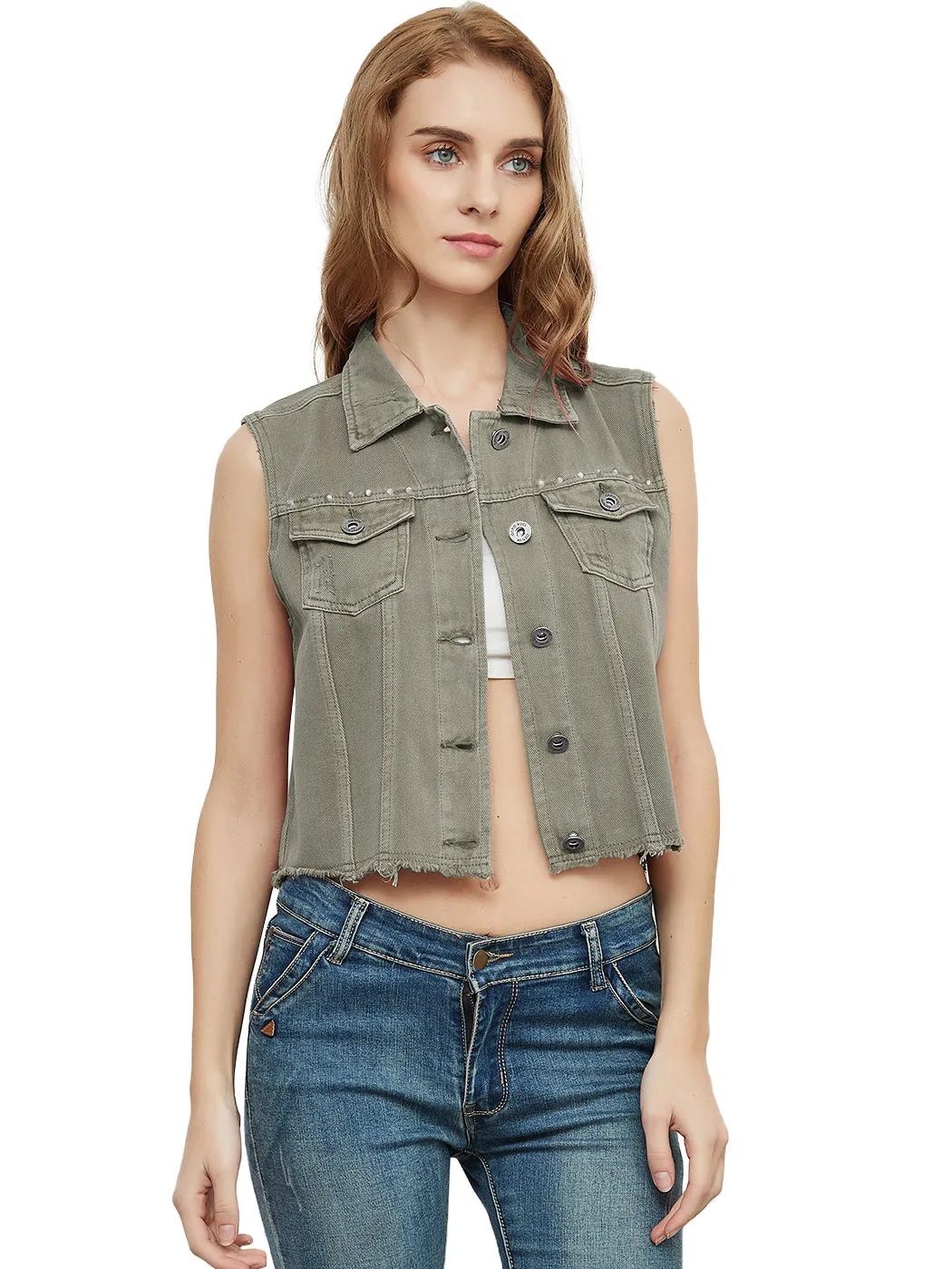 Frayed Denim Cropped Vest