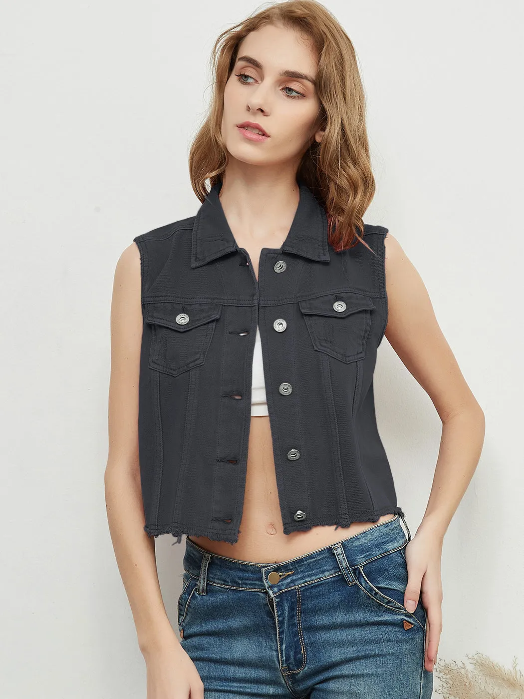 Frayed Denim Cropped Vest