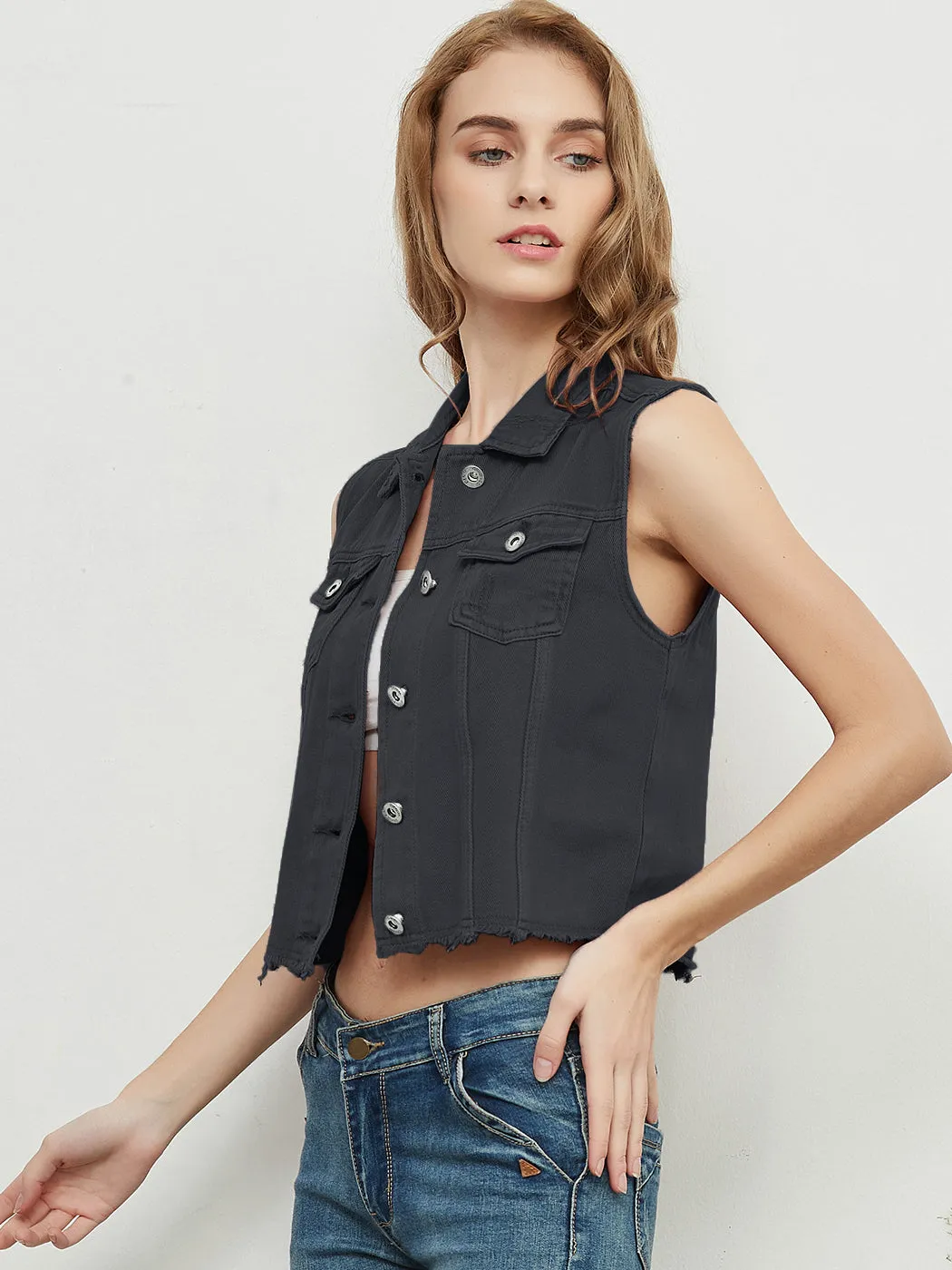 Frayed Denim Cropped Vest