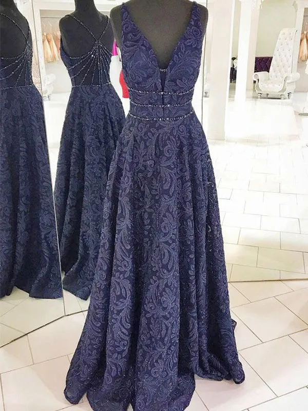 Gorgeous Navy Lace Sleeveless Beaded Strap Back A-line Prom Dresses,PD00077