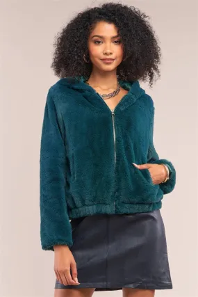 Green Soft Faux Fur Hooded Zip-Up Jacket /2-2-2