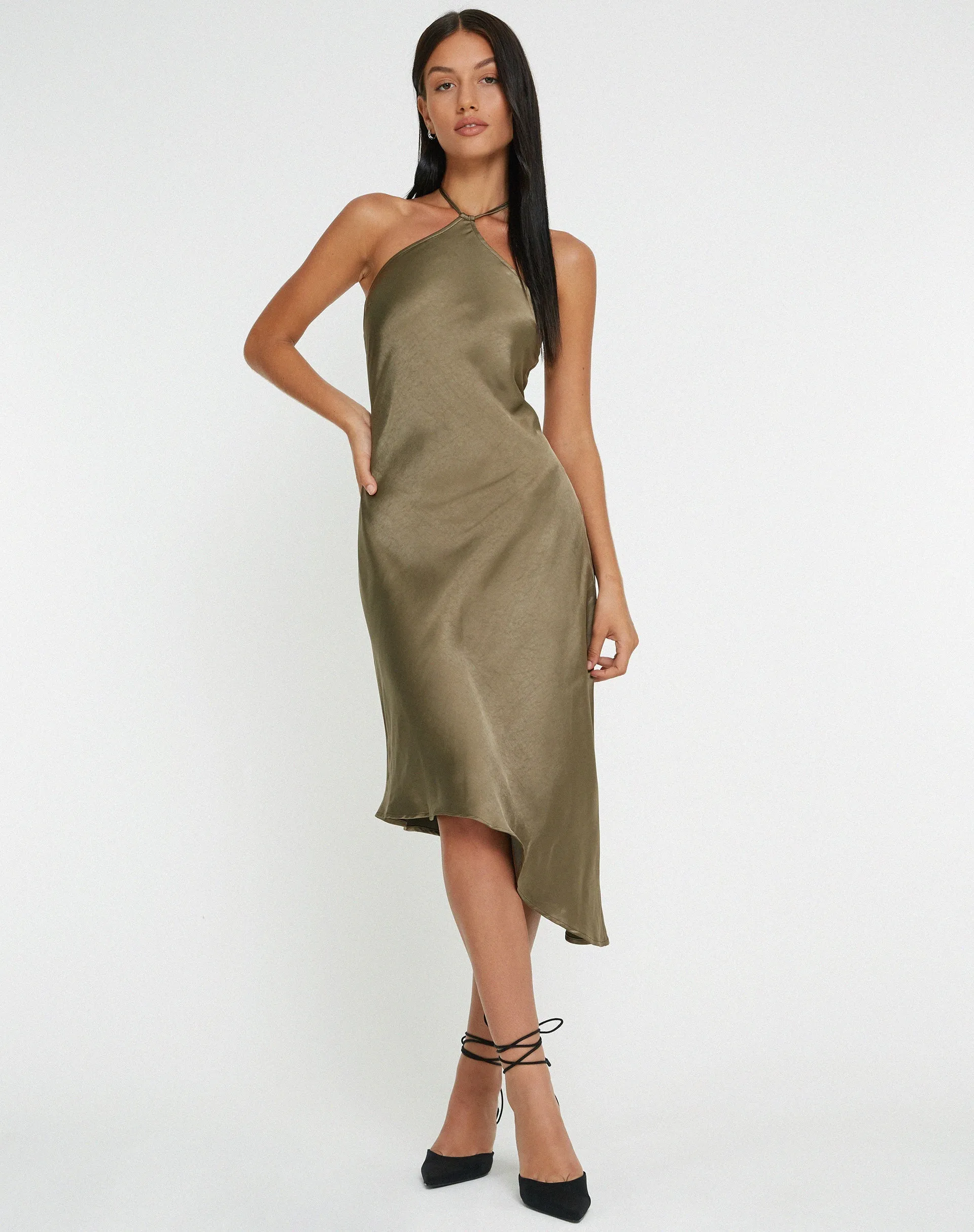 Kimora Midi Dress in Satin Dark Olive