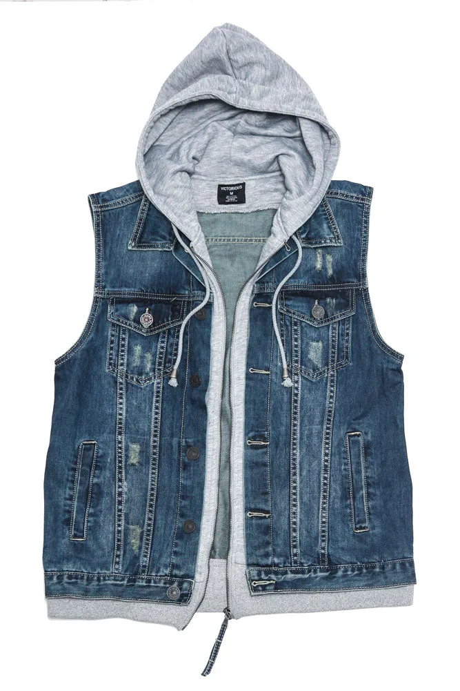 Layered Hooded Denim Vest