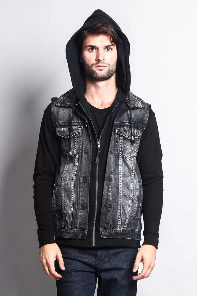 Layered Hooded Denim Vest