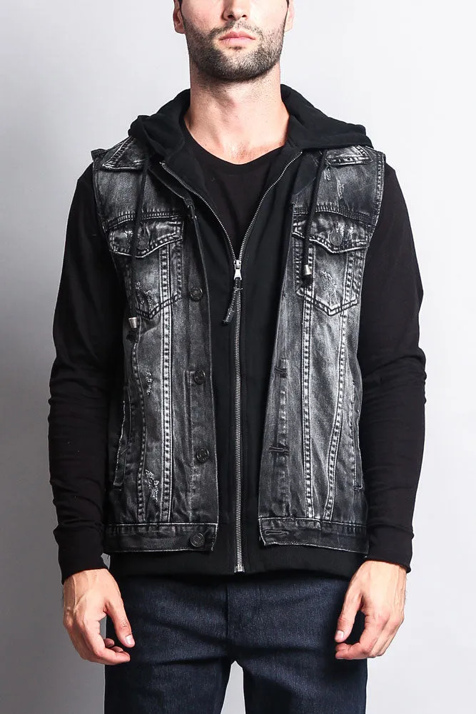 Layered Hooded Denim Vest